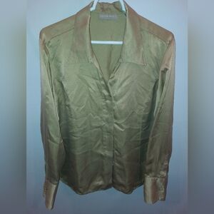 Kate Hill Gold Blouse 100% Silk Size 18 Long Sleeve EUC